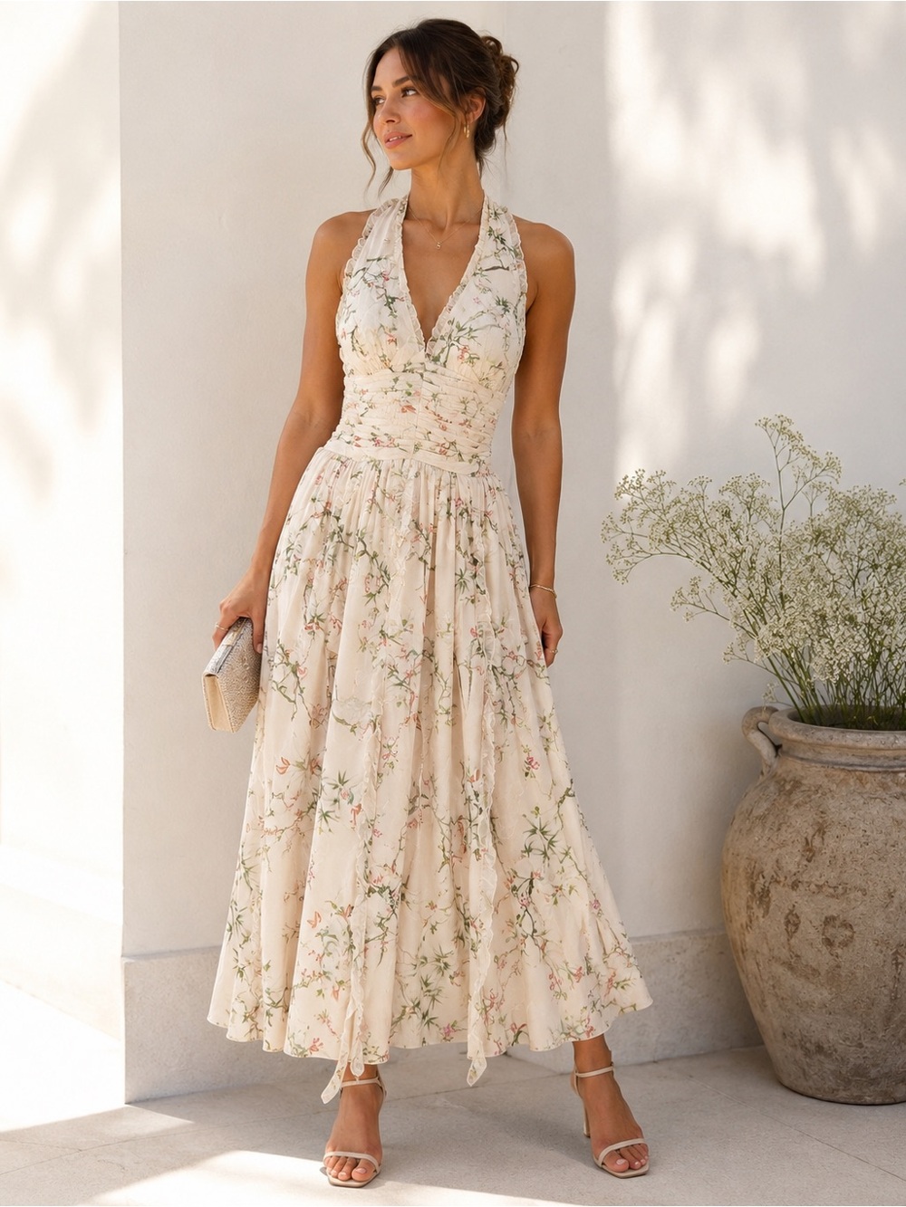 Azazie Atelier Sierra Vanilla Floral Halter Maxi Dress NWT Size US 4